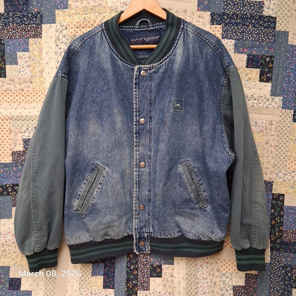 Vintage John Deere Swingster Denim Stadium Jacket Size XL Stone Washed